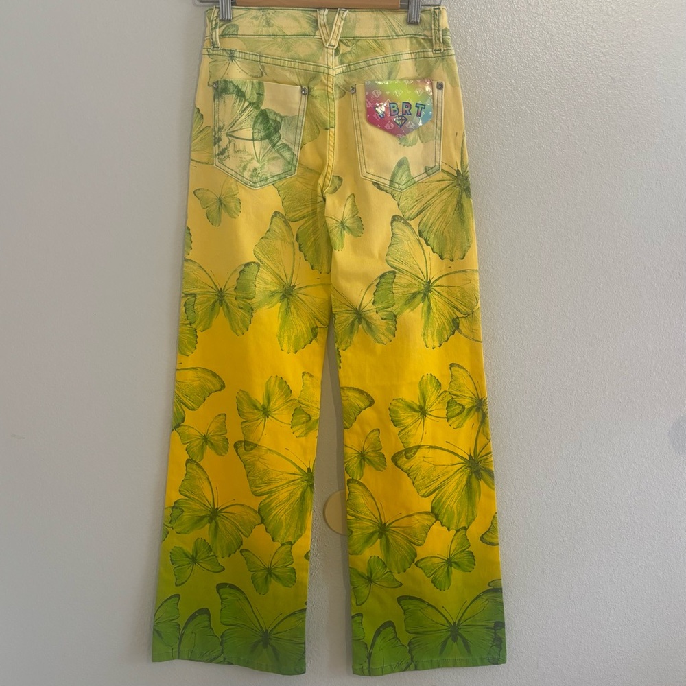NWT VBRT Vibrant Miu Butterfly Print Yellow Green Wide Leg Fairycore Jeans S - Picture 9 of 13